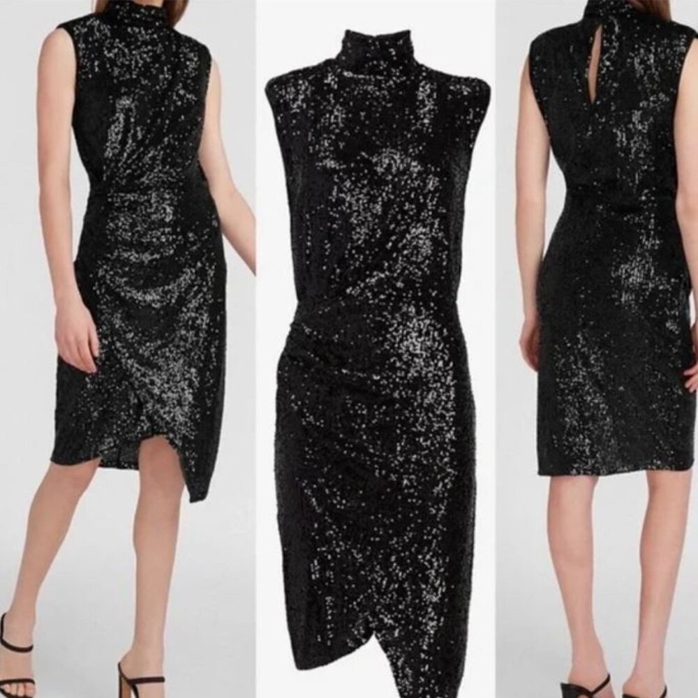Sequin Asymmetrical Mock Neck Dress - X-Small - New